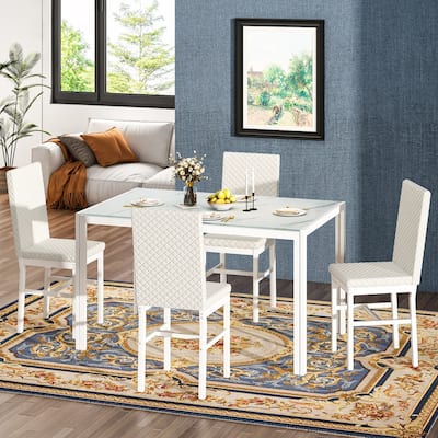 Grondin Modern Style 5-Piece Dining Room Table Set with Tempered Glass Tabletop and 4 Diamond Stitching PU Leather Dining Chairs