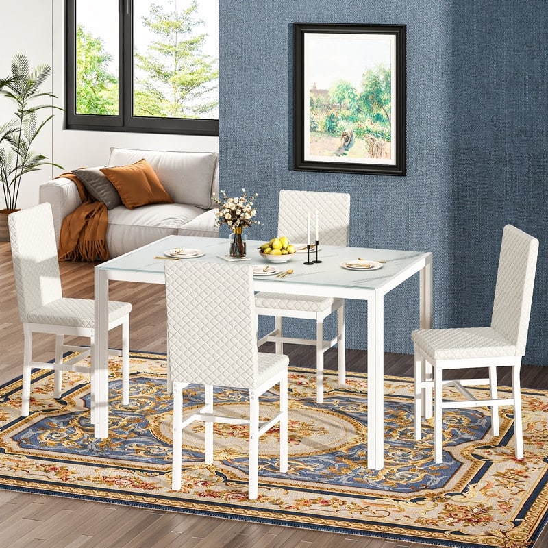 Grondin Modern Style 5-Piece Dining Room Table Set with Tempered Glass Tabletop and 4 Diamond Stitching PU Leather Dining Chairs