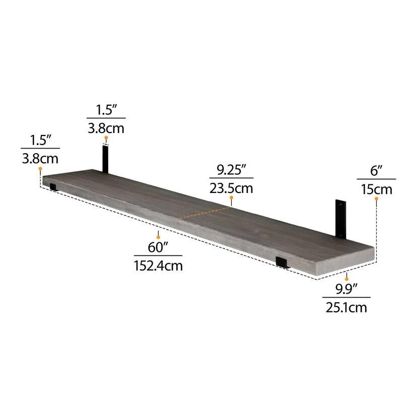 Wallniture Forte Wood Board 60" Long, 9.25'' Deep, 1.5" Thick, Floating Shelf for Living Room, Wall Bookshelf, Rustic, Gray, 1pc