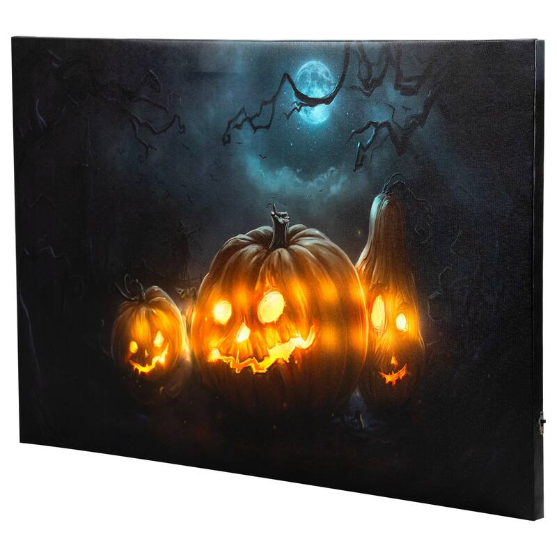 LED Spooky Halloween Jack-O-Lanterns Canvas Wall Art 23.5"x15.75"