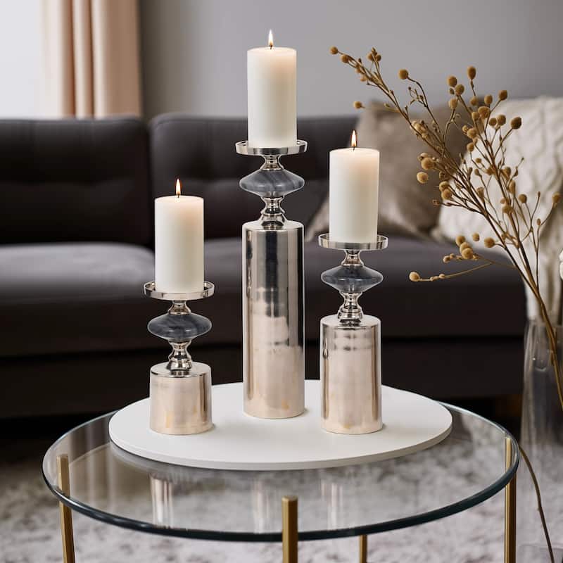 Modern Decorative Candle Holders with Silhouettes- Set of 3 - 9" - 12" - Marbled Gray - 4" x 4" x 16"