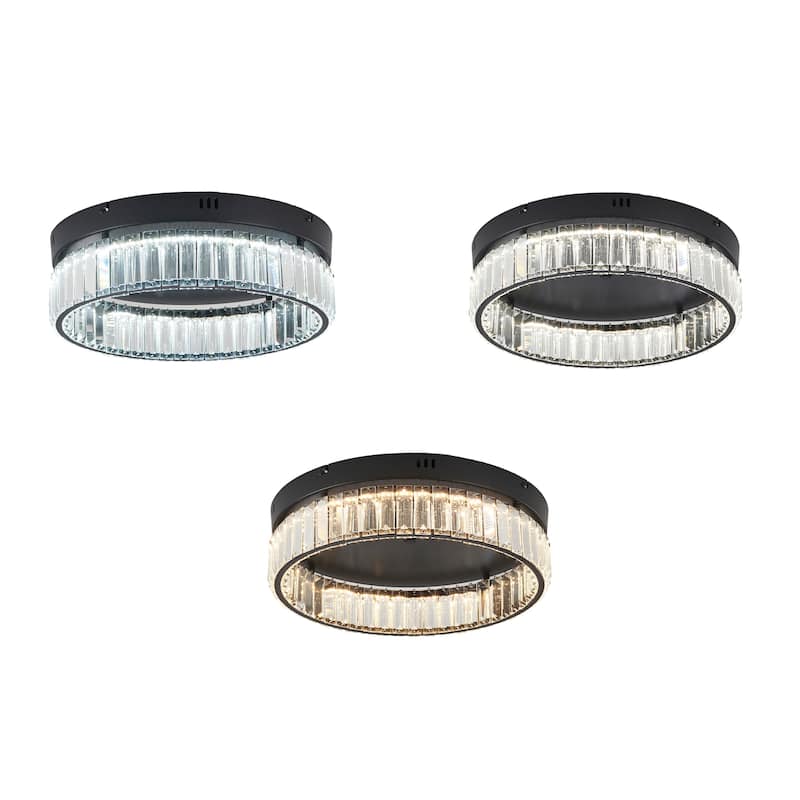 1-Light Satin Black Dimmable LED Flush Mount With Clear Crystals