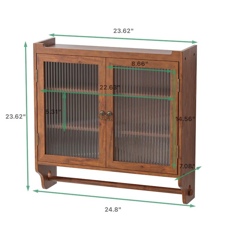 24.8"Glass Door Vintage Double Door Wall Cabinet with Three Tiers - Brown