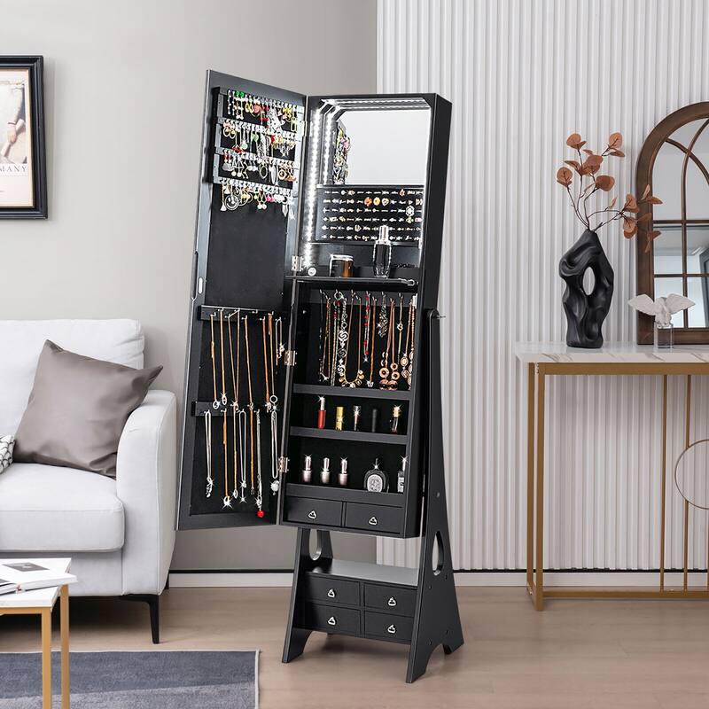 Gymax Jewelry Cabinet Armoire Full Length LED Mirror W/ 6 Drawers &