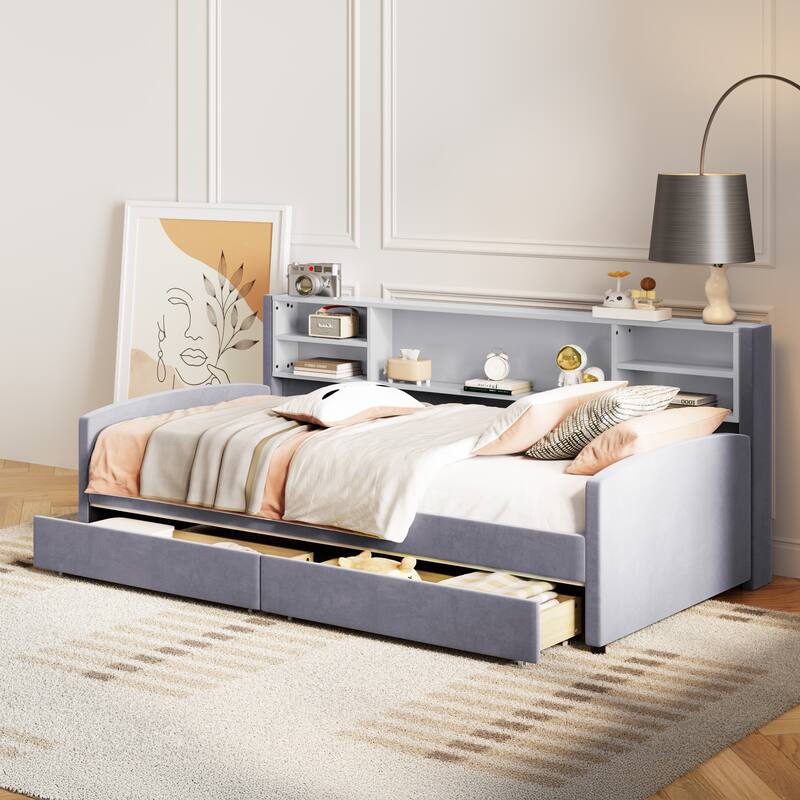 Twin Velvet Upholstered Bed Frame with Storage Drawers and Built-In Shelf, Platform Design with Plush Headboard