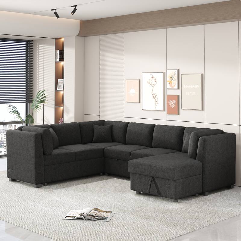 108.6" U-shaped Sectional Sofa Pull out Sofa Bed with Two USB Ports, Two Power Sockets, Three Back Pillows and a Storage Chaise