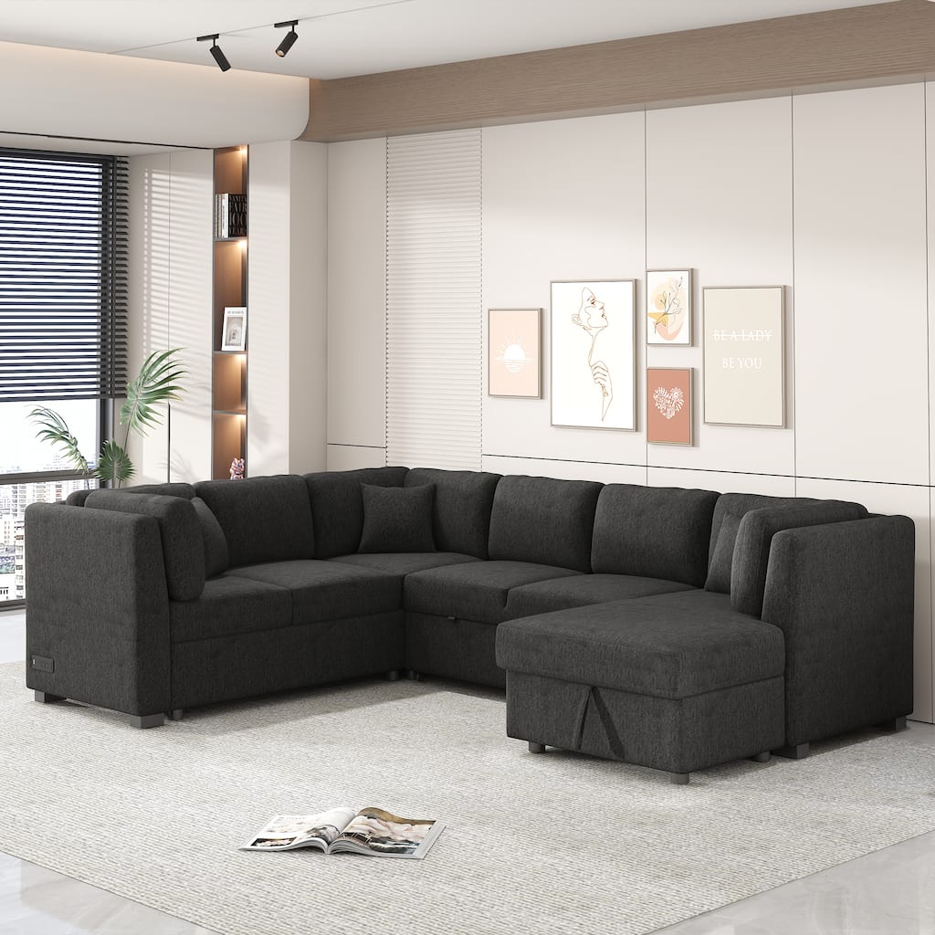 Modern U Shaped Sectional Sofa with Pull Out Bed and Storage Chaise and USB Ports, for Living Room or Guest Room