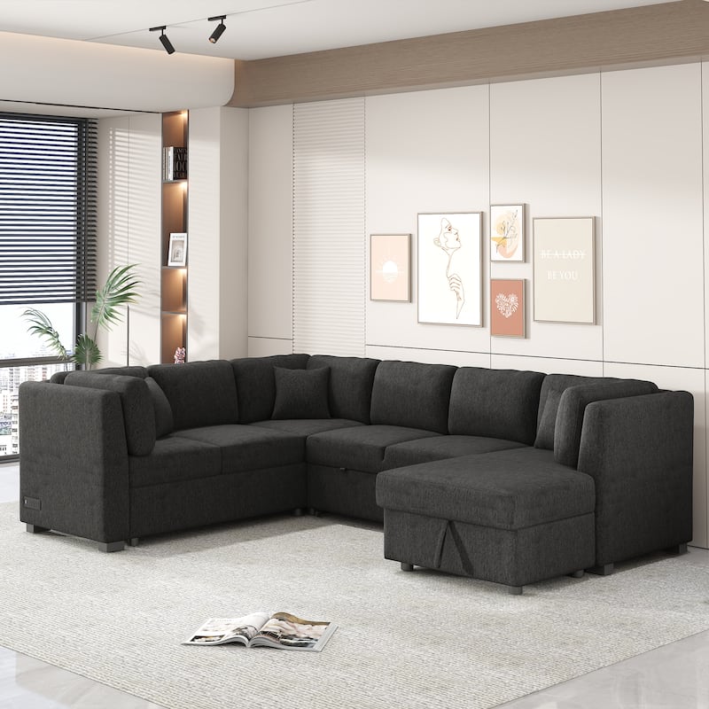 U-shaped Sectional Sofa Pull out Sofa Bed,2 USB Ports,2 Power Sockets,3 Back Pillows,Storage Chaise - Black