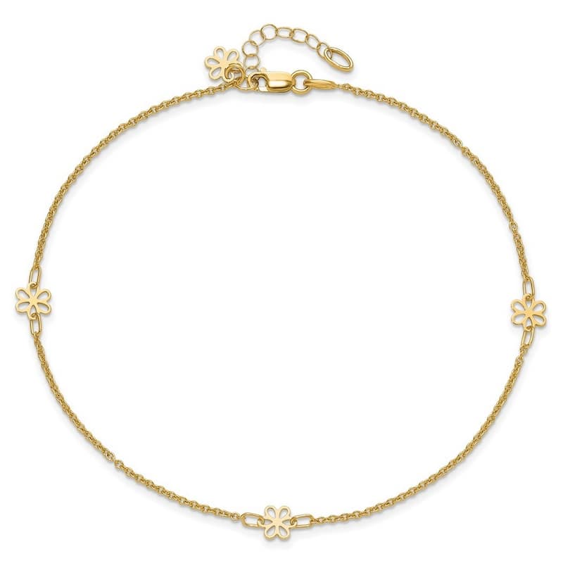 Curata 14k Yellow Gold 10+1" Open Daisy Flower Station Cable Chain Anklet (Spring-ring)