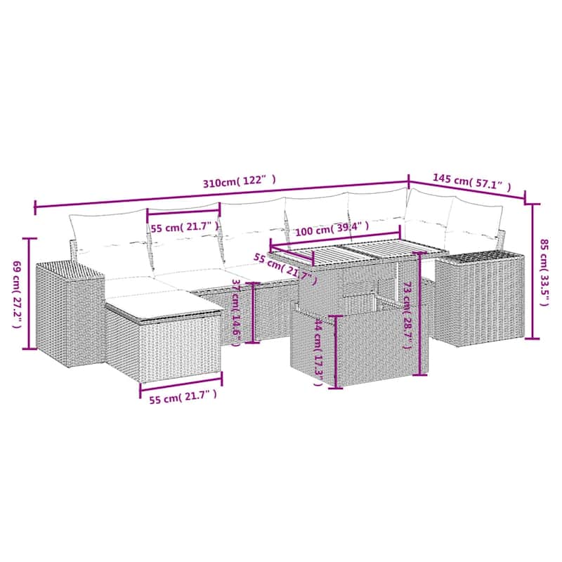vidaXL Patio Sofa Set with Cushions Outdoor Furniture 8 Piece Poly Rattan - 24.4 x 24.4 x 27.2