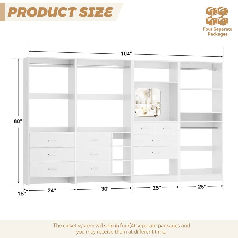 Cimly Set of 4 Closet Organizer with Drawers and Mirror, Freestanding Closet System with Hanging Rods