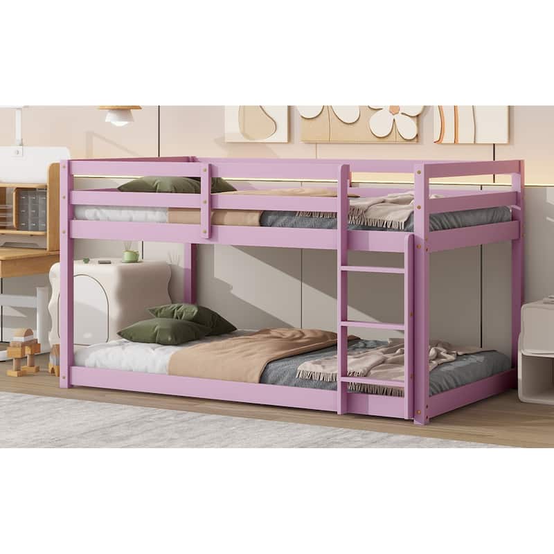 Roomfitters Solid Rubber Wood Twin over Twin Floor Bunk Bed with Ladder, Reinforced Slat Platforms, Low Height Frame, Pink