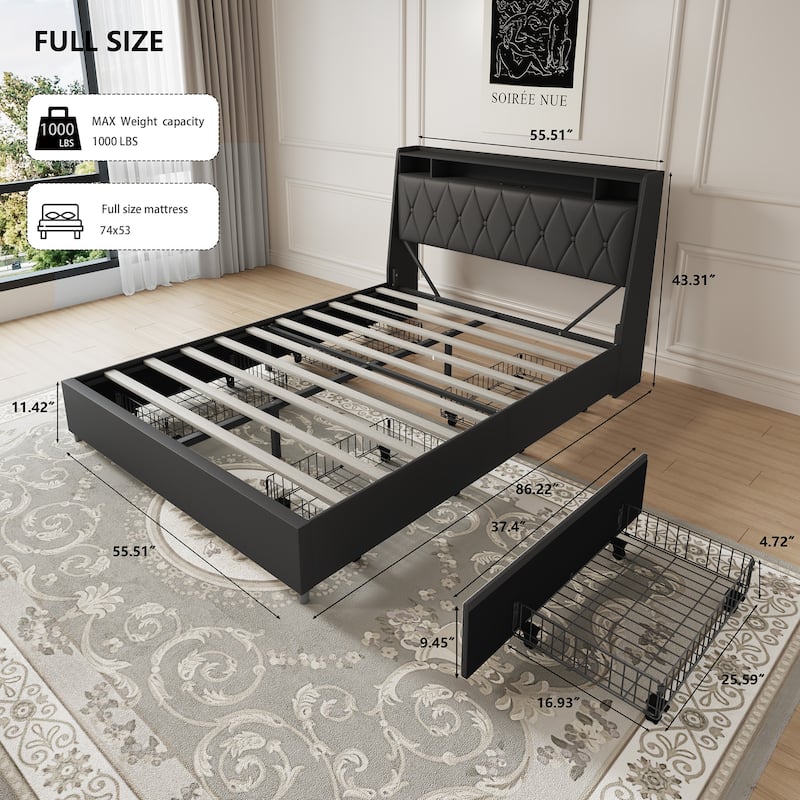 Full Size Bed Frame with Ergonomic Headboard