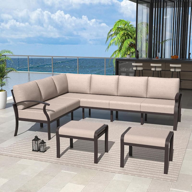 Kullavik Aluminum Corner Sofa Set, Patio Outdoor Sectional Sofa Set with Armrests and Footrests - 8 Seats - Khaki
