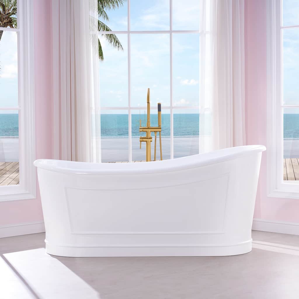 66'' W,68 GALLONS Freestanding Acrylic Soaking Bathtub With Drain And Overflow Holes