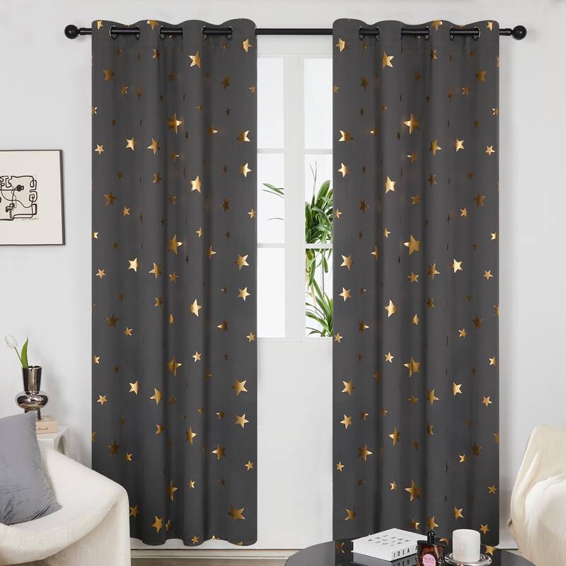 Gold Star Foil Room Darkening Curtains for Kids 2 Panels - 52 x 45 Inch - Dark Grey