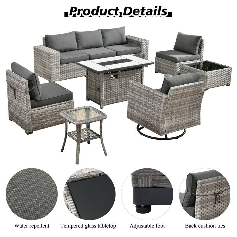 HOOOWOOO 9-piece Wicker Outdoor Modular Wide Armrest Sectional Set Fire Pit Set
