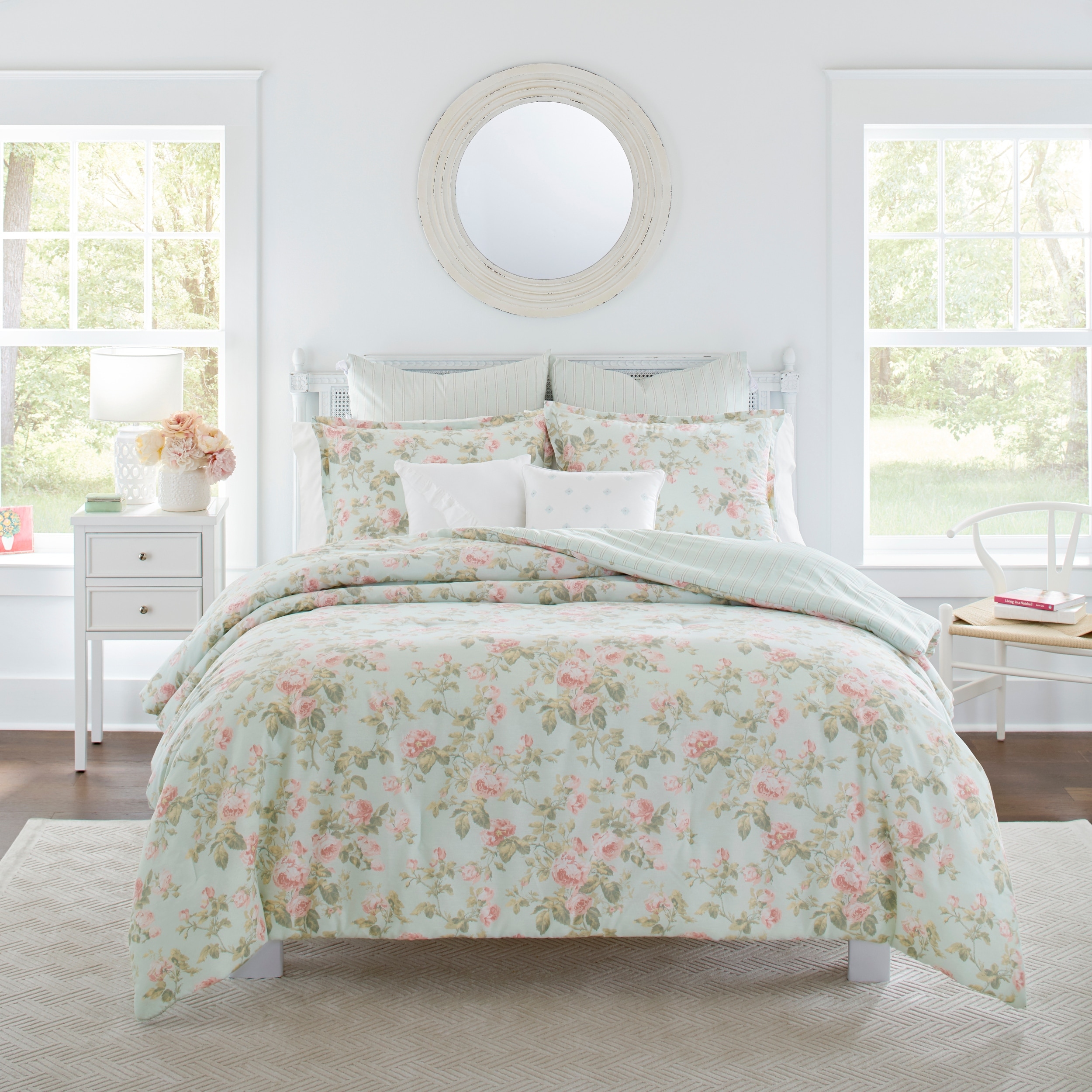 Laura Ashley Madelynn Green Floral Cotton Bonus Comforter Set - On