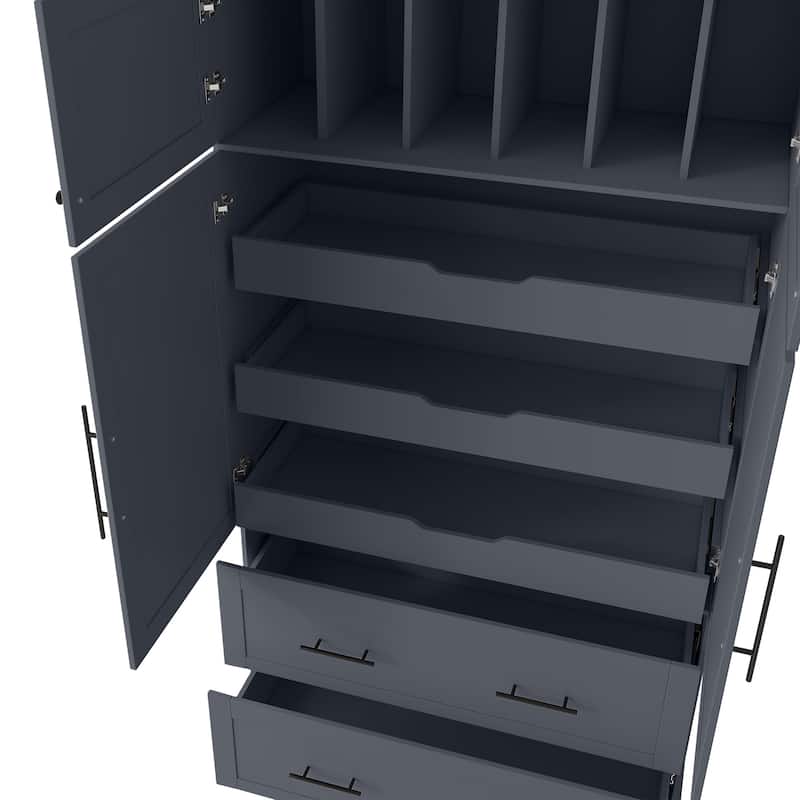 Farmhouse Kitchen Pantry, 40"W - 4-Door Freestanding Cabinet with Pull-Out Trays, Drawers & Pan Storag