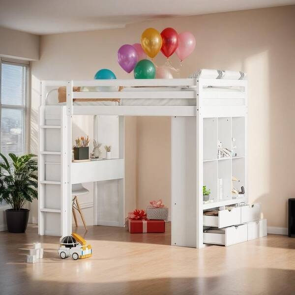 slide 2 of 37, Eye-catching Design Twin Size Loft Bed with large shelves, Desk and LED Light, Maximum storage space, Versatility galore, White White