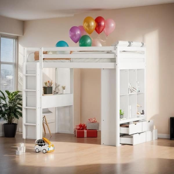 slide 2 of 37, Twin Size Loft Bed with large shelves, writing desk & LED Light, White White