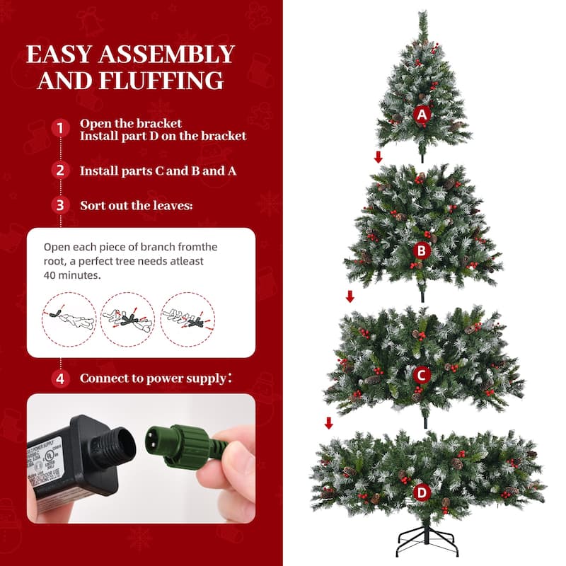 9ft Pre-Lit Pre-Decorated Pine Hinged Artificial Christmas Tree with 1740 Flocked Frosted Tips, Metal Base