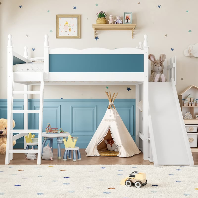 Twin Loft Bed with Storage Shelves and Wardrobe, Solid Wood Loft Beds with Detachable Slide and Ladders, No Spring Box Needed