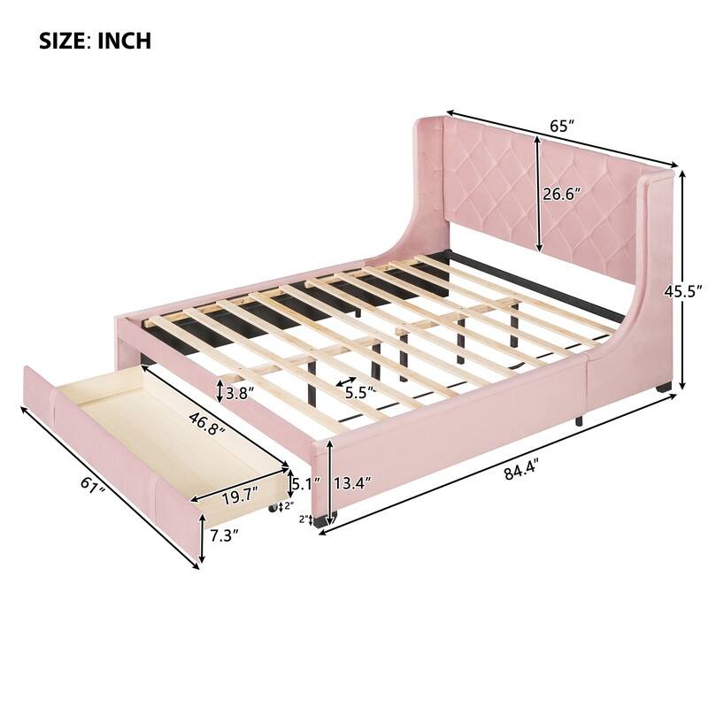 Queen Bed Frame with Storage Drawer, Velvet Upholstered Storage Bed with Button Tufted Headboard
