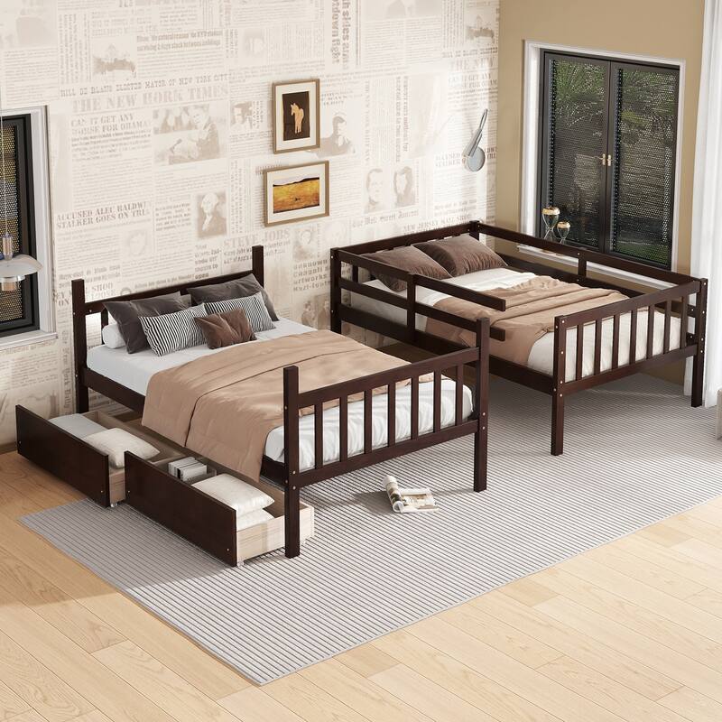 Twin Over Twin Rubber Wood Bunk Bed with 2 Drawers, Convertible into 2 Twin Beds