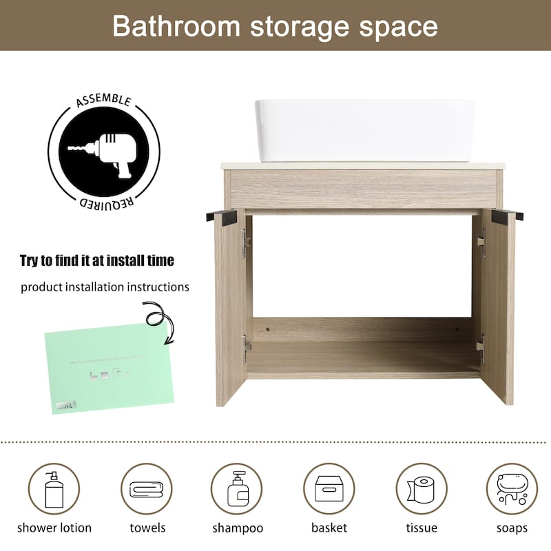 Malwee 24"/30" Floating Bathroom Vanity, Wall Mounted Bathroom Vanity with Ceramic Sink,Soft Close Doors