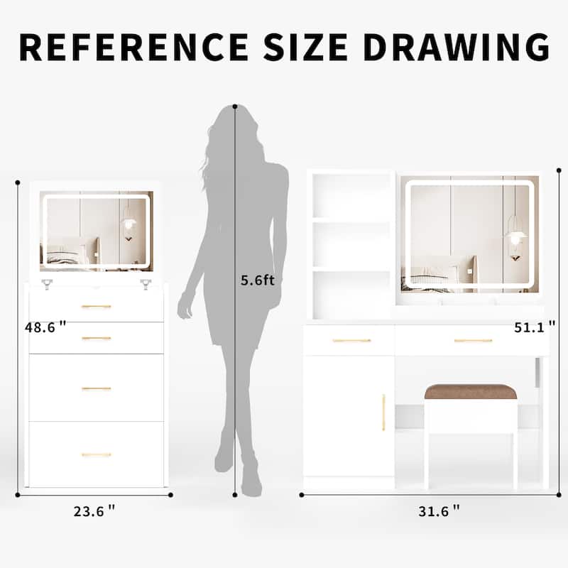 White LED Lighted Makeup Vanity Desk with Large Mirror Drawers Shelves and Built in USB Charging Station