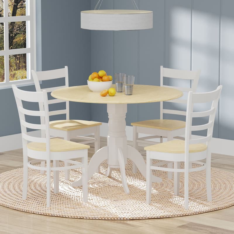 5-Piece Dining Set, 42" Round Drop-Leaf Table and Slat Back Chairs - White/Natural Table + White/Natural Chairs
