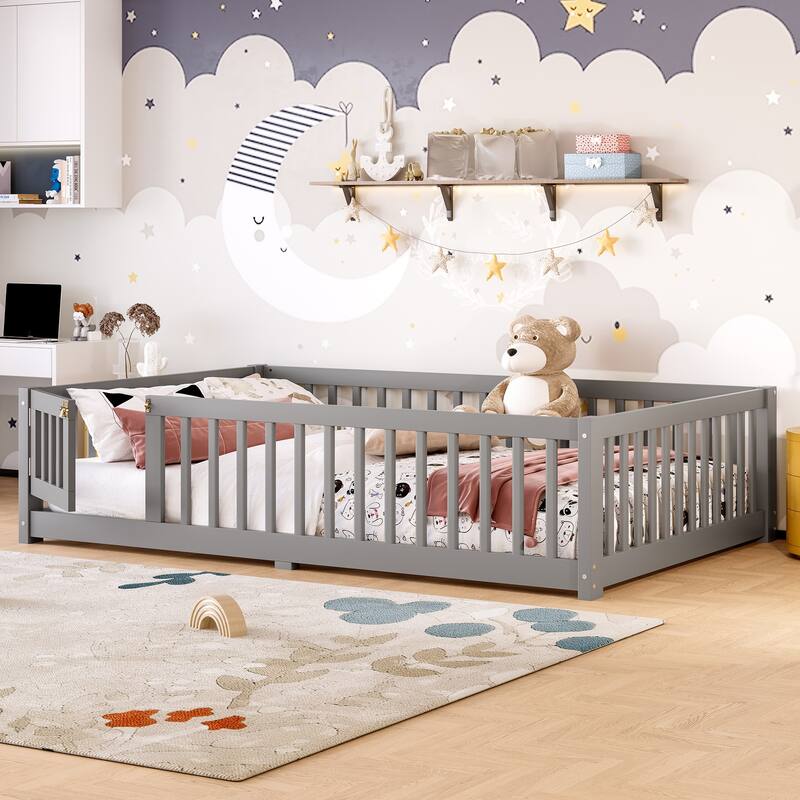 Roomfitters Wooden Twin/Full/Queen Floor Bed Frame with Door & Safety Guardrails, Low Platform Design for Bedroom or Playroom