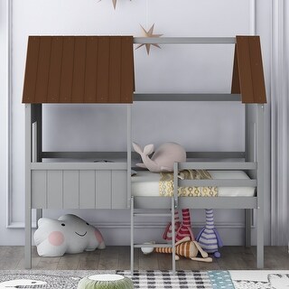 Twin Size Low Loft Bed with with Two Side Windows, House-shaped Bed with Ladder, Pine Wooden Bed with Guardrail, Gray+Brown