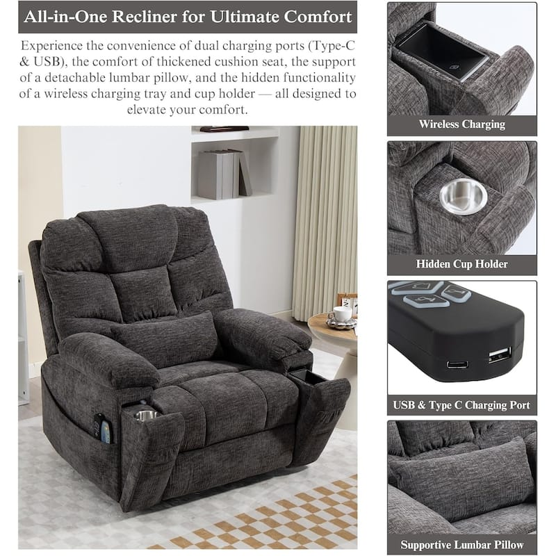 40'' Oversized Dual Motor Power Recliner Lift Chair with Massage and Heat，Chenille Fabric