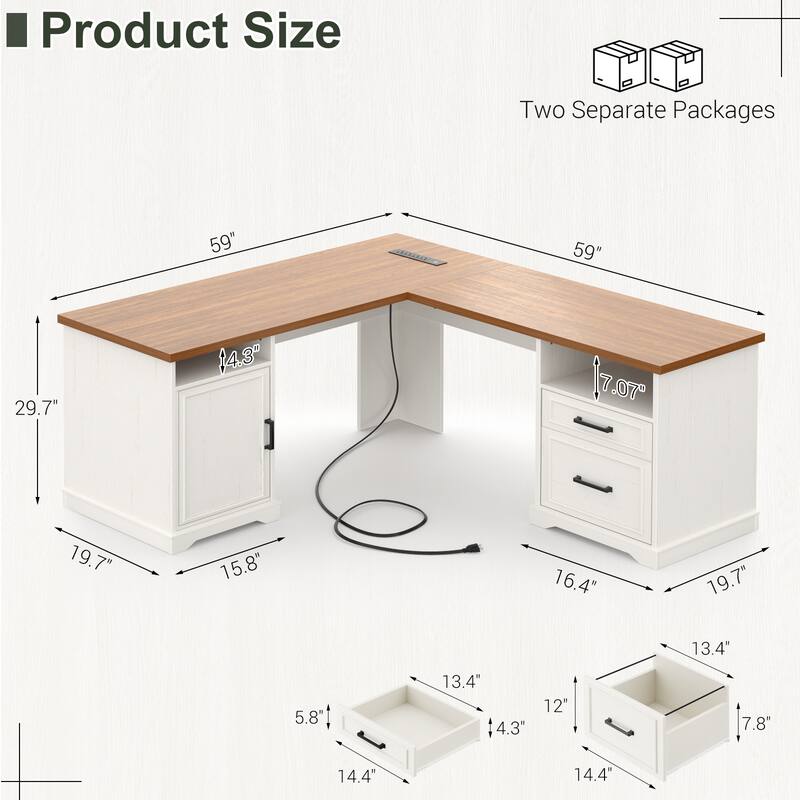 French Country L Shaped Desk with Charging Station, Office Computer Table with File Cabinet