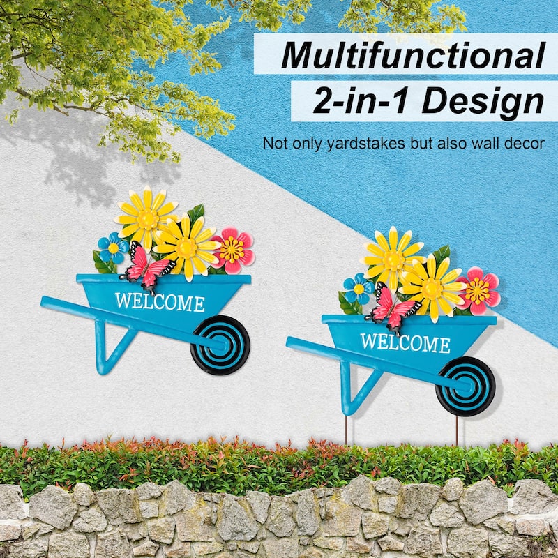 Glitzhome 30"H Metal Spring Garden Cart Yard Stake Wall Decor