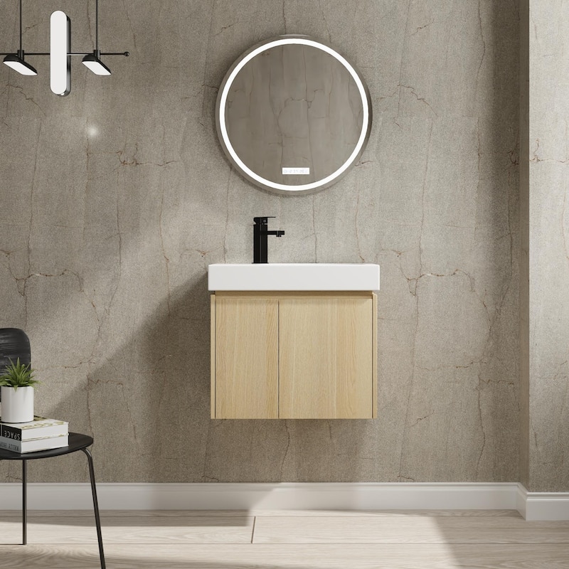 BNK 16"/20"/24"/30"/36" Single Sink Bathroom Vanity with Soft Close Door and Shelf - 24''W - Beige-Ceramic Sink