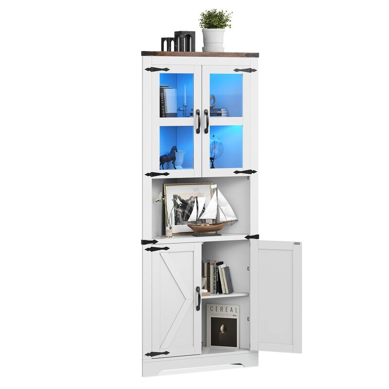 Tall Corner Cabinet, Farmhouse Corner Storage Cabinet with Glass Door & Adjustable Shelves, Space Saving Storage