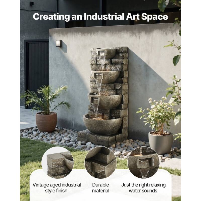 Gray 4-Layer Outdoor Water Fountain for Patio Garden Yard with Soothing Flow and LED Lighting - 15.16 x 13.19 x 35.63 in
