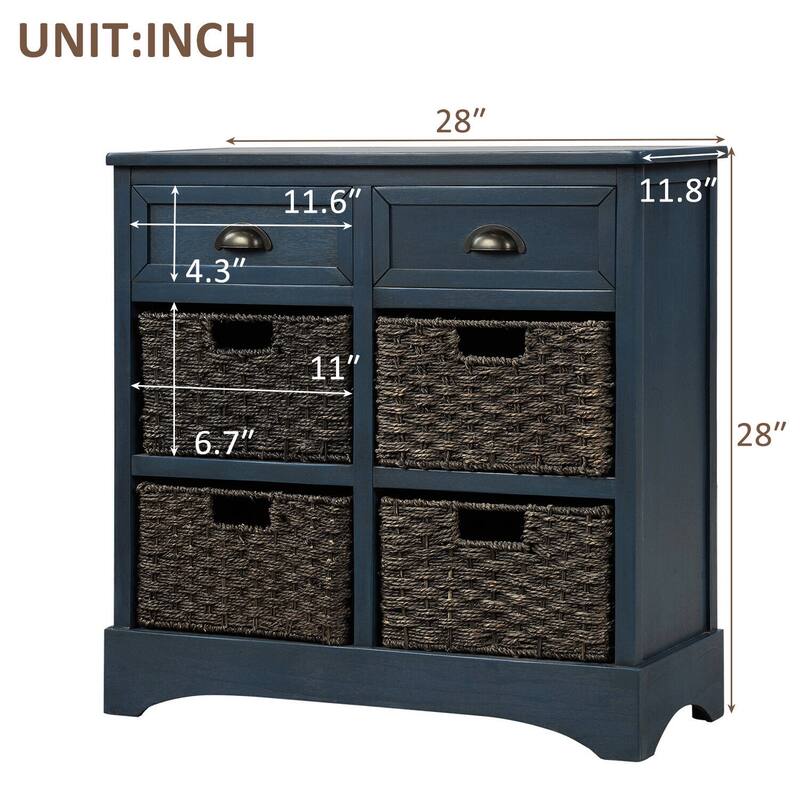 Rustic Storage Cabinet with Two Drawers and Four Classic Rattan Basket