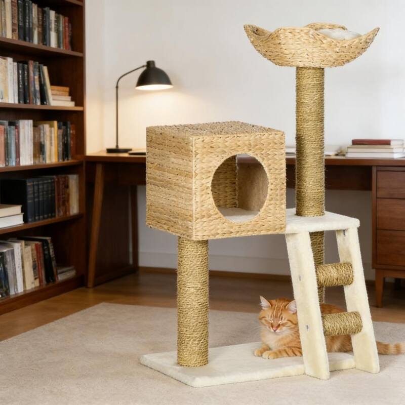 Cat Tree,Cattail Weave Cat Tree for Indoor,Cats Tower Soft and plush while featuring double cushions in basket bed