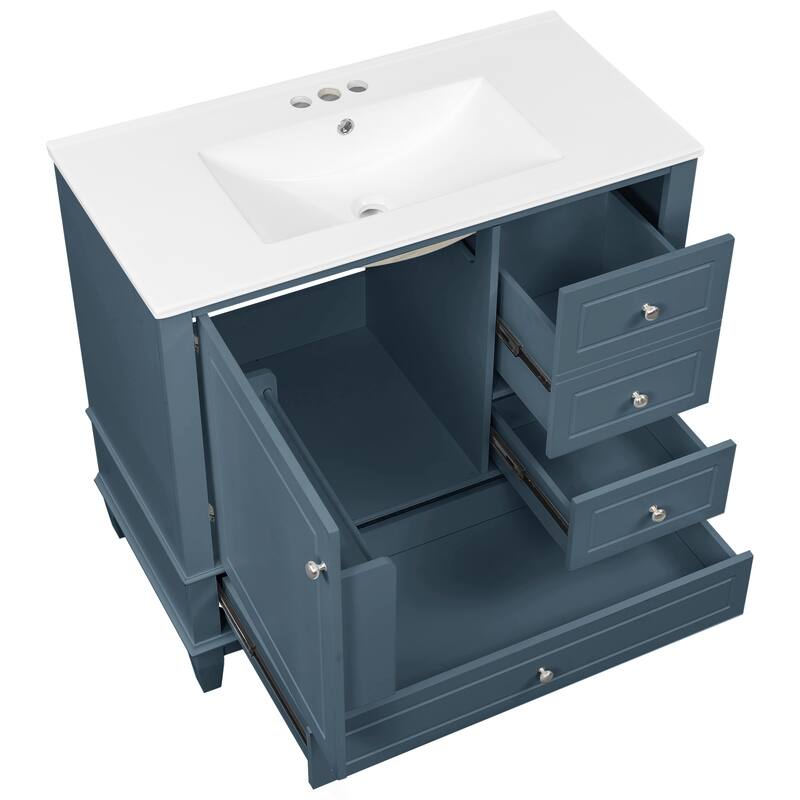 36" Bathroom Vanity with Ceramic Sink - MDF & Solid Wood Base, 3 Drawers & Storage Cabinet, Freestanding Design, 4" Faucet Holes