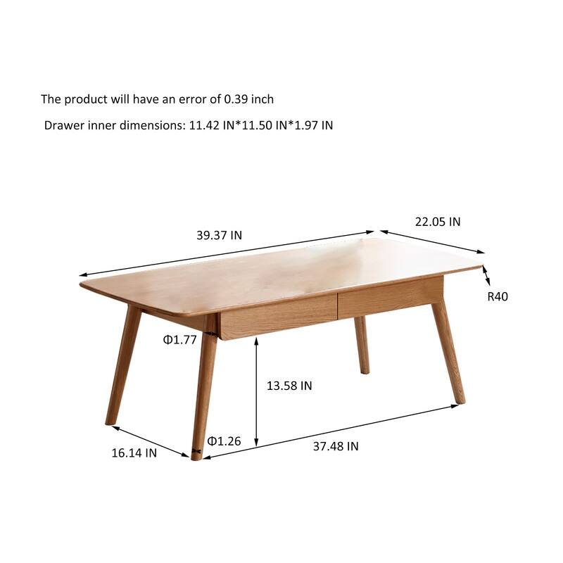 Natural Solid Oak Coffee Table with Storage Shelf, Easy Assembly