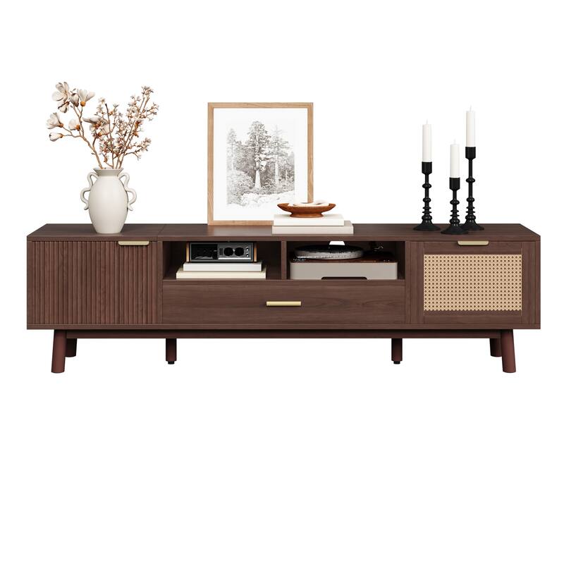 Wood TV Stand for 75" TVs, TV Cabinet with Soft-Closing Door and Drop-Down Door Cabinet, Modern TV Consoles for Living Room