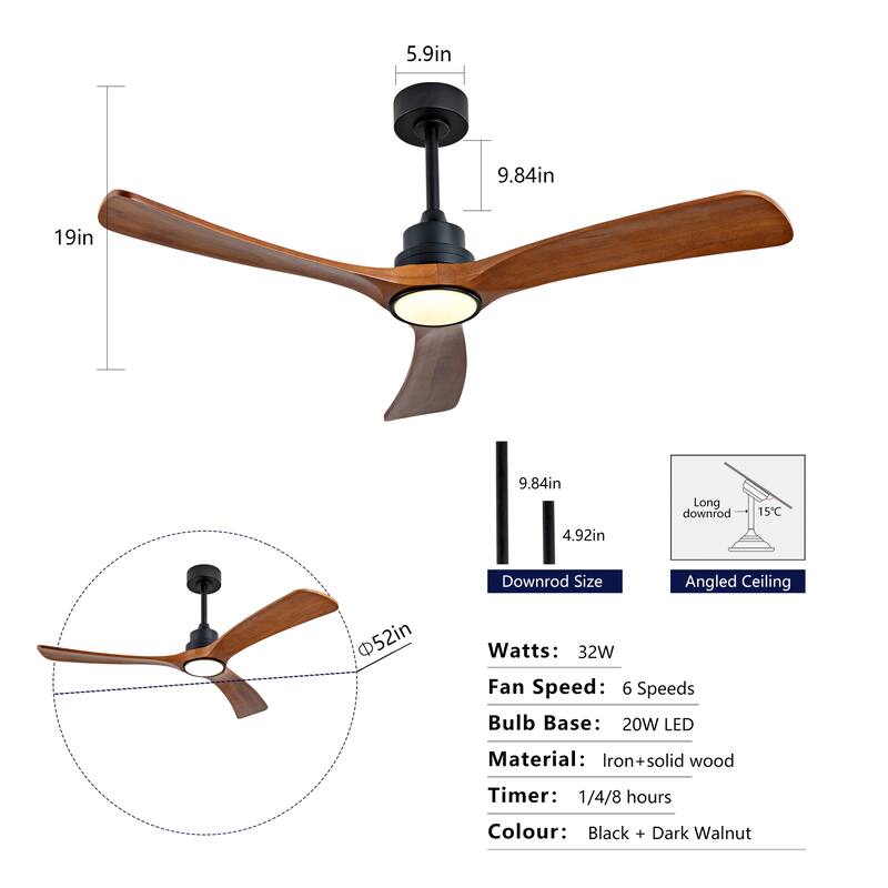 52" Wood Ceiling Fan w/ 3 Solid Wood Blades Remote Control Reversible DC Motor