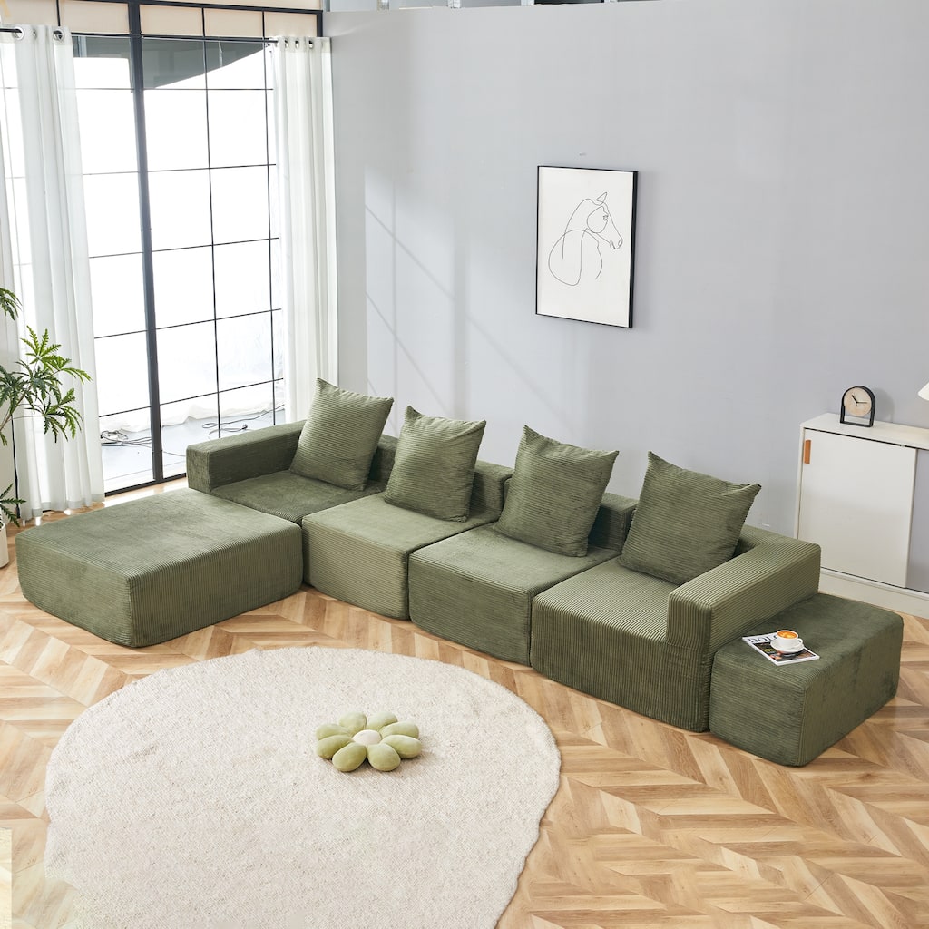 4-Seat Modular Sofa Sectional with Oversized Chaise & Ottomans Cloud Couch in Soft Corduroy Fabric