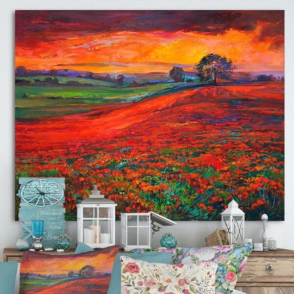 SUNSET POPPY FIELD  CANVAS PRINT WALL ART PICTURE  18 X 32 INCH 