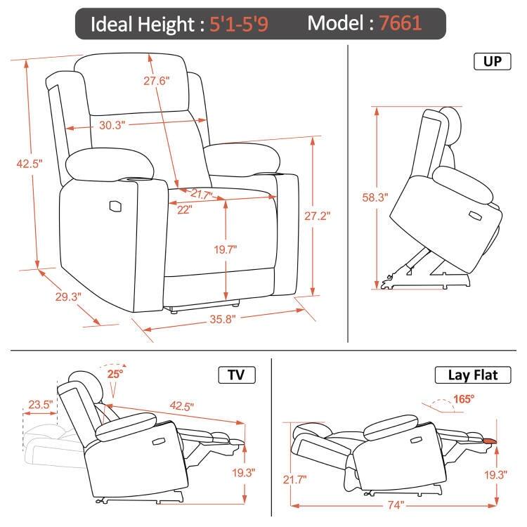 MCombo Lay Flat Dual Motor Power Lift Recliner Chair Sofa with Heat and Massage, Infinite Position, Faux Leather 7661