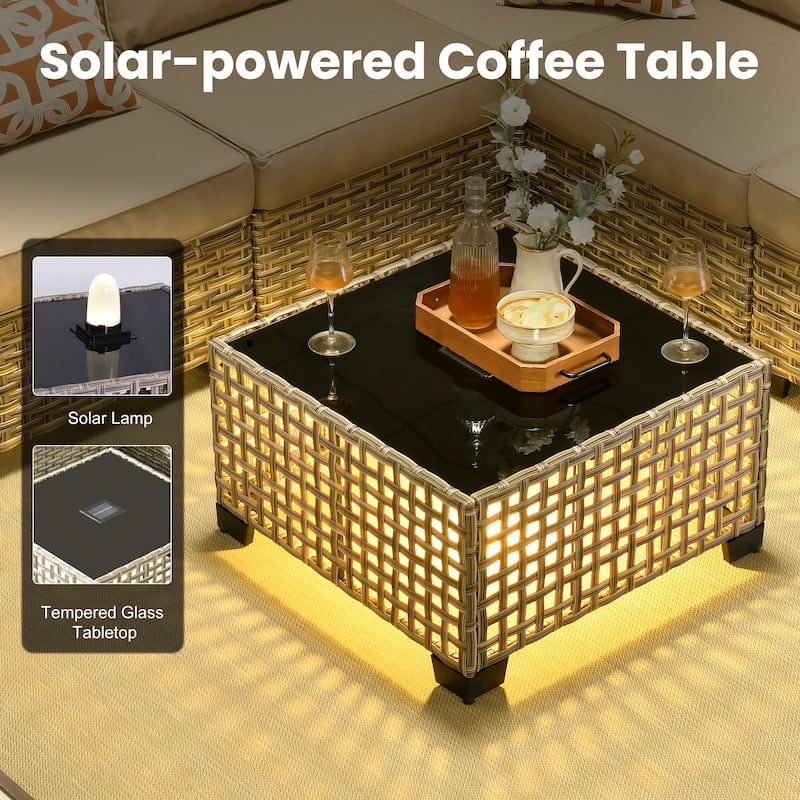 XIZZI 13-Piece Outdoor Wicker Sectional Swivel Chairs Set with Firepit Table